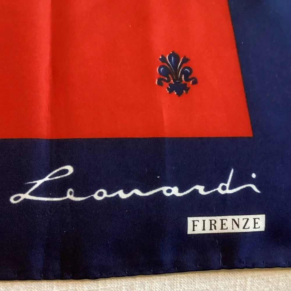 Leonardi Firenze Scarf Fleur-de-lis Pattern Red Navy Rolled Edges